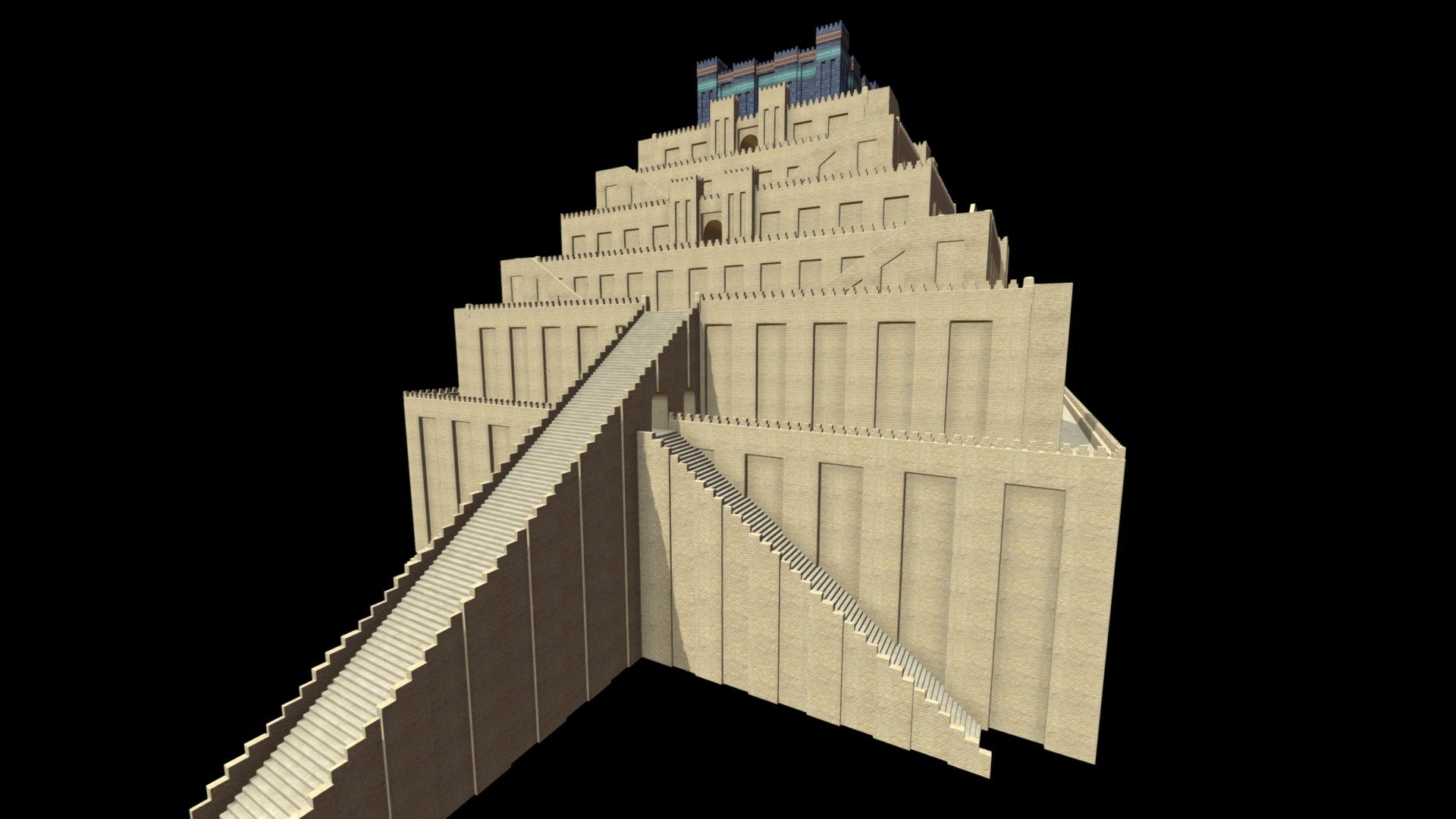 The Ziggurath of Babylon, the crazy big one with his seven terraced levels.
It was described by Herodote by his time, but I made it according to various model across internet that I have seen.

Here -> https://youtu.be/qeSinXk4U7c                                                                               

You can see this model where I use it in a Timelapse video on Unreal Engine.

The height of the building is today estimated at about sixty meters, what was to be huge and massive in the center of an old city. 
In my Blender file the building made exactly 65 m and 99.21 cm&hellip; I had to drag on the scale a little bit accidentelly during modelization process ^^

Note : I don't put it on sale for the moment 3d model