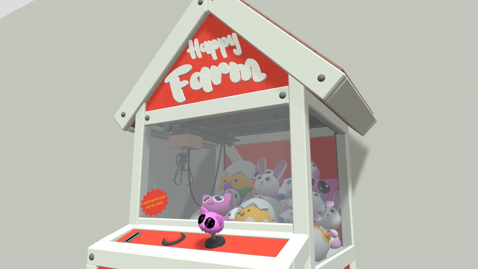 Hello! I revisited Claw machine's draft after getting feedback about trasnitions and details, but design was updated mostly due to my freind's and my new ideas and thoughts for this model and for our project. We decided to make it more stylised, chunky and relevant for the planned project, early on I imagined that cabinet is metalic with planks' pattern drawn on but I decided to make it made out of actual wooden planks that reinforce the idea of barn-like arcade machine. I also refined shapes and details and their transitions, now it should be ok for model's draft. I hope you like it! - "Happy Farm" Claw Machine V2 (XYZ Diploma Draft) - 3D model by Mr. Grigins (@mrgrigins) 3d model